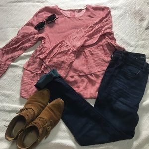 Red and White Pinstripe Flare Shirt